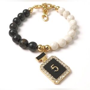 New Parfum de Minuit Bracelet - Czech Glass & Obsidian, No. 5 Charm - 7.5”+ 1”